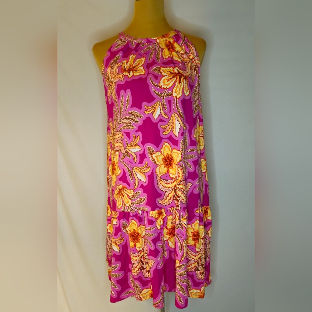 LOFT Pink and Yellow Floral Mini Dress - XL
